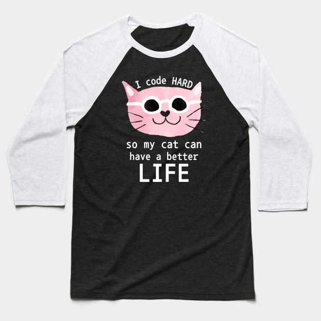 Cat Loving Coder Baseball T-Shirt by Mey Designs